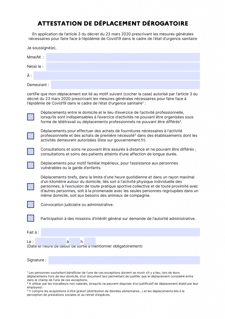 attestation de déplacement dérogatoire