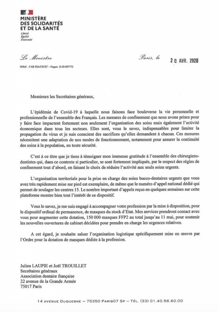 Courrier D'olivier Veran à L'adf En Date Du 20 Avril 2020 